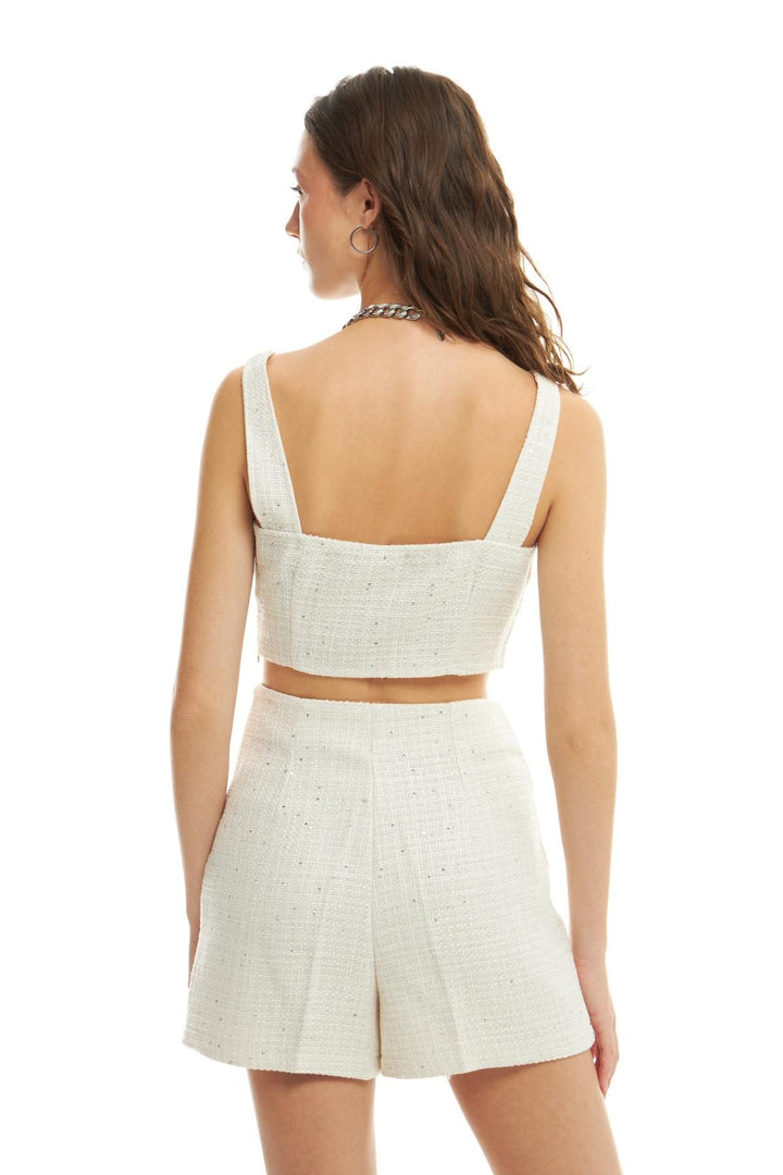 Sequin Detailed Tweed Shorts Ecru