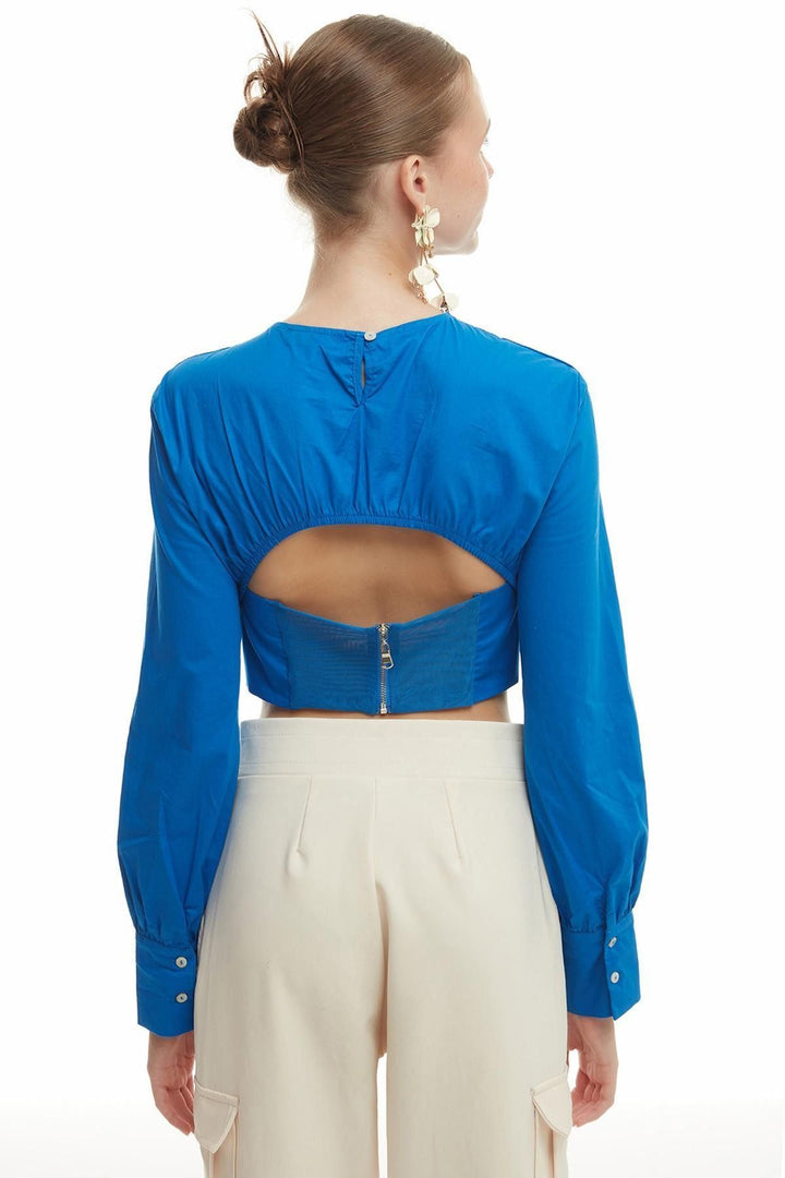 Tie Detail Low-Cut Blouse Sax