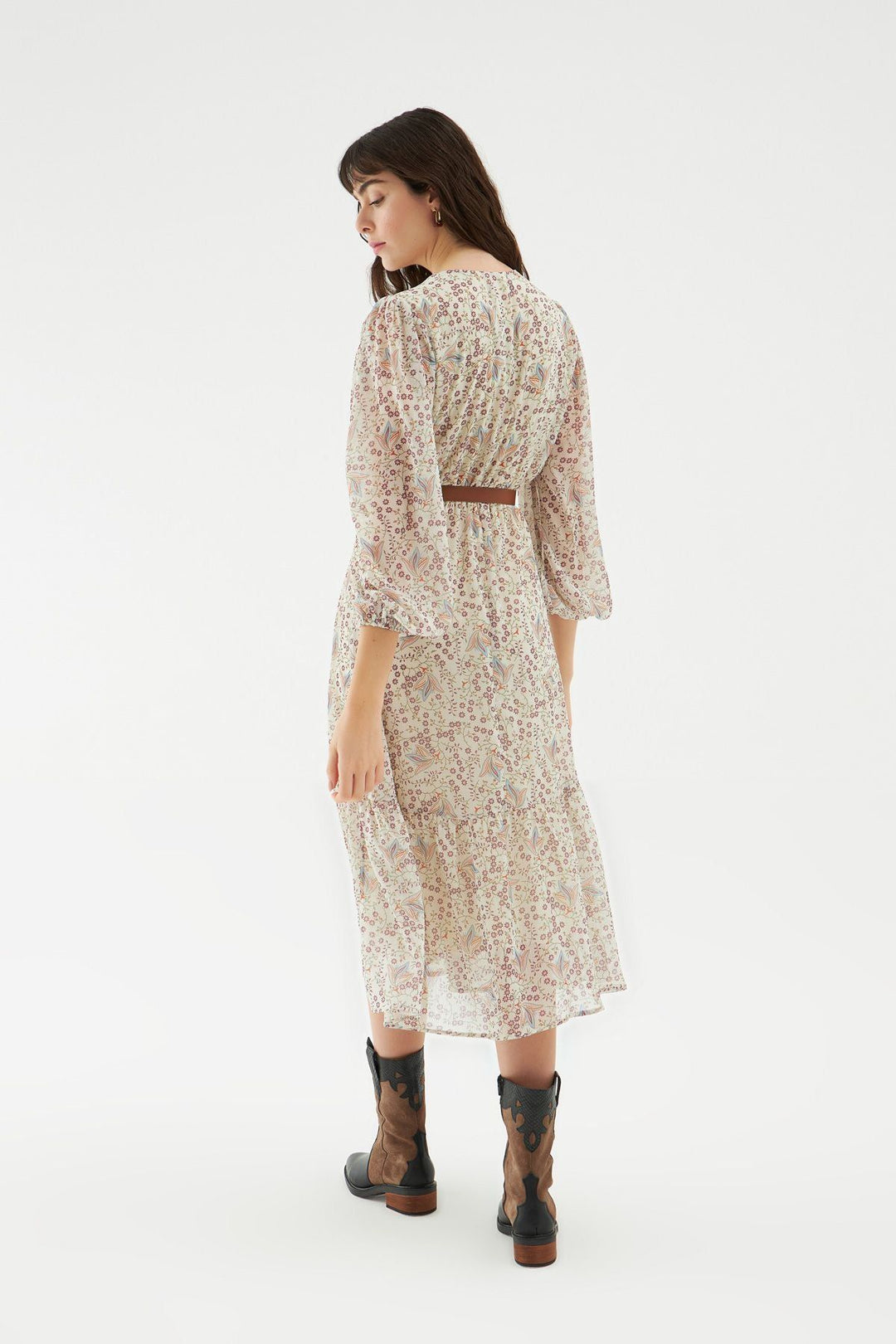 Kemerli Kruvaze Elbise Bej