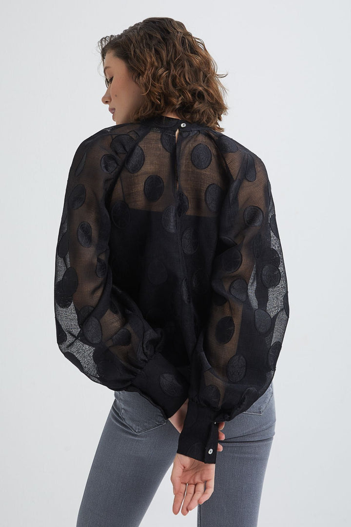 Polka Dot Balloon Sleeve Blouse Black