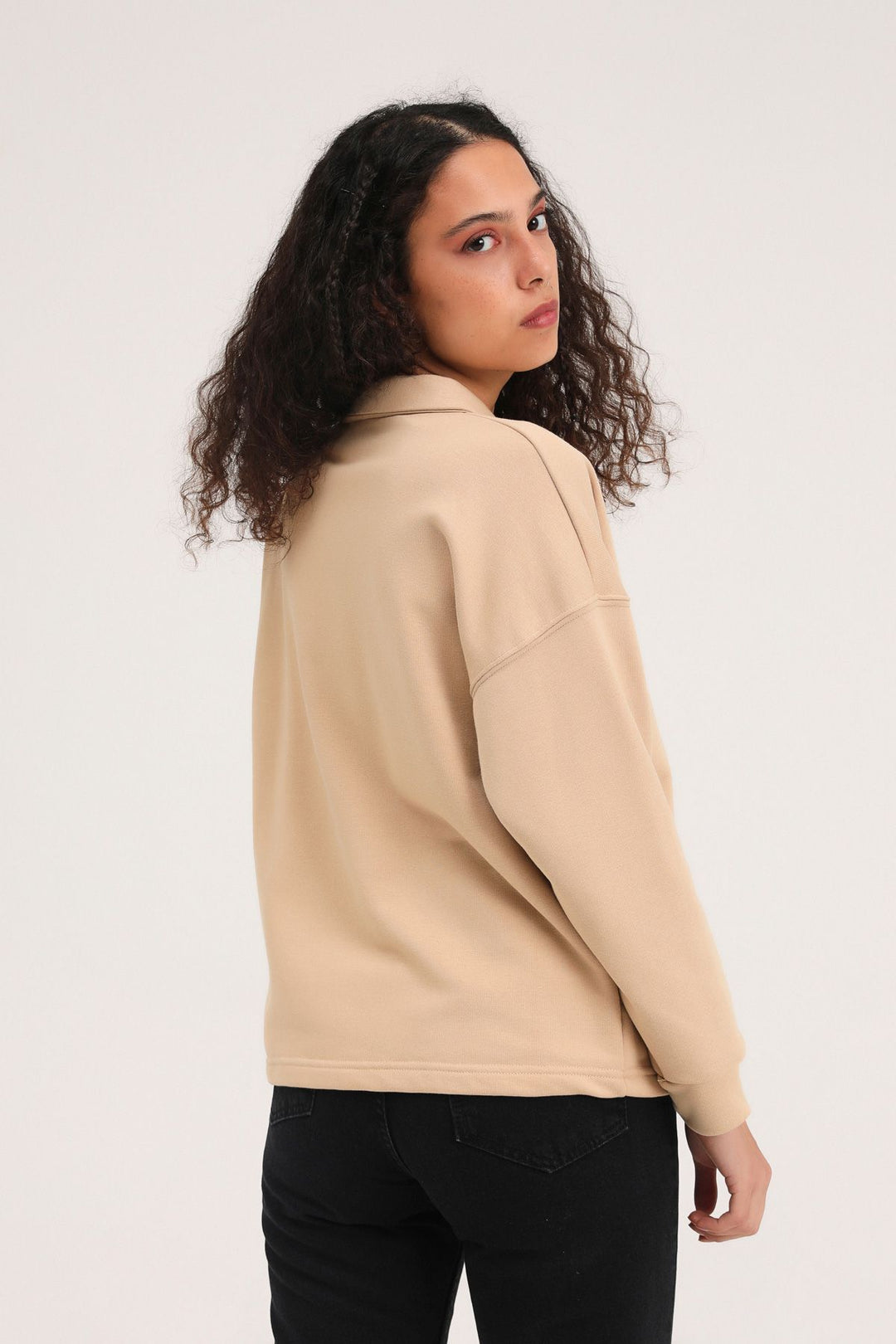Polo Neck Sweatshirt with Slogan Dark Beige