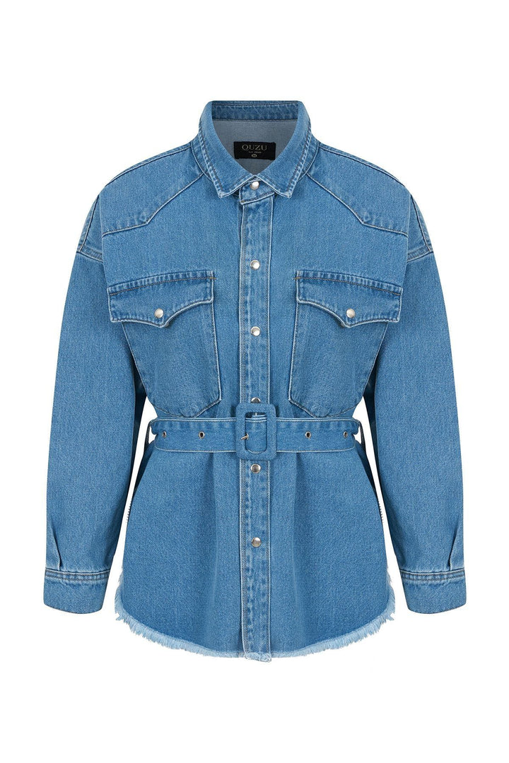 Belted Long Denim Jacket Blue