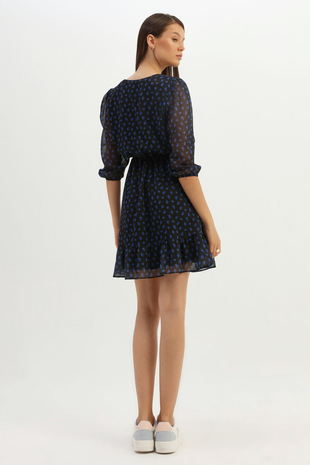 Patterned V Neck Midi Dress Sax