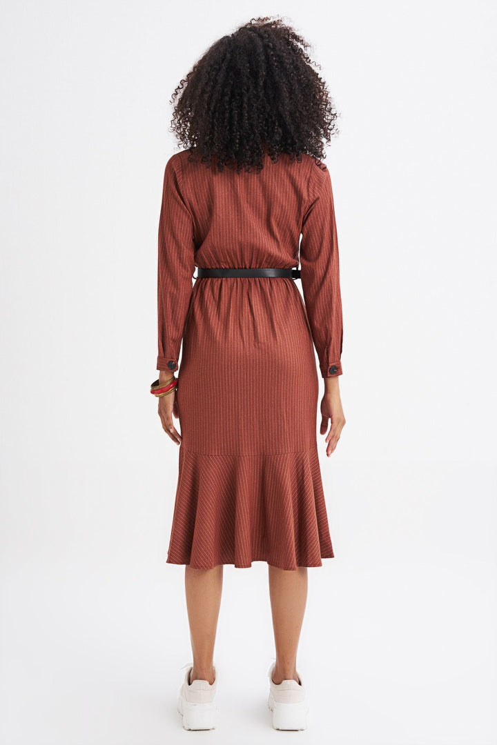 Belt Detailed Front Buttoned Striped Dress Tile
