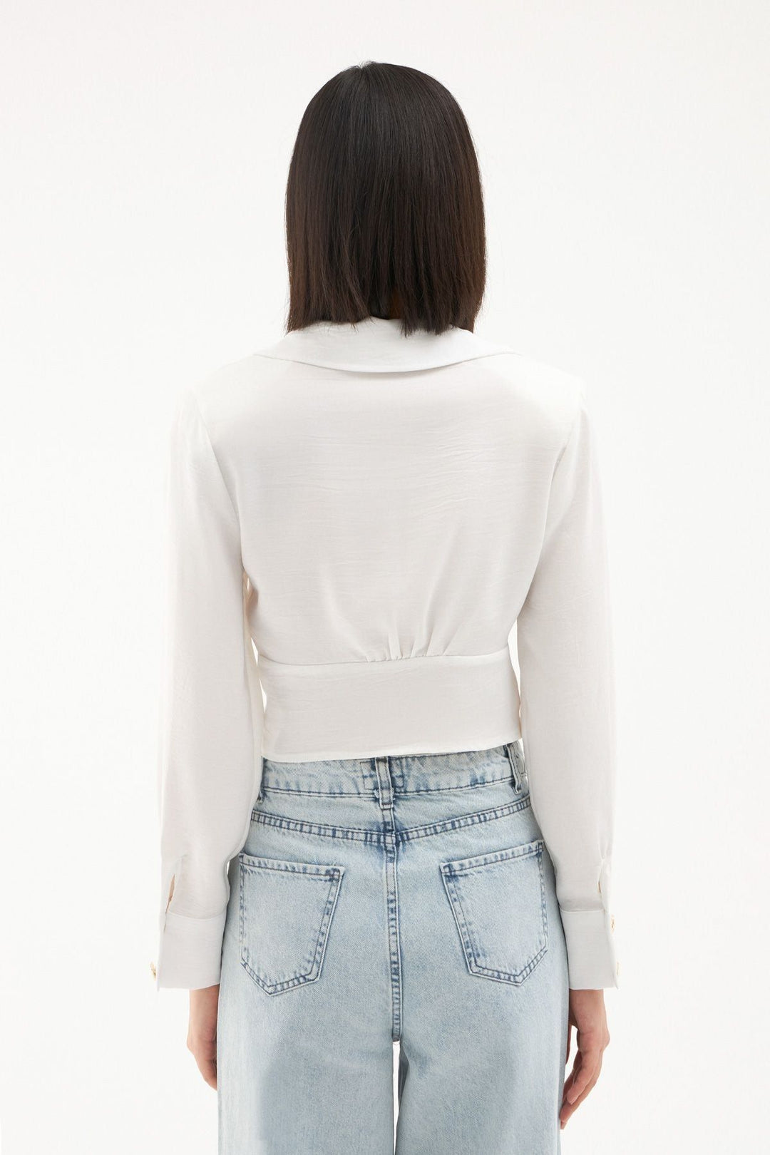 V Yaka Düğmeli Bluz Ekru