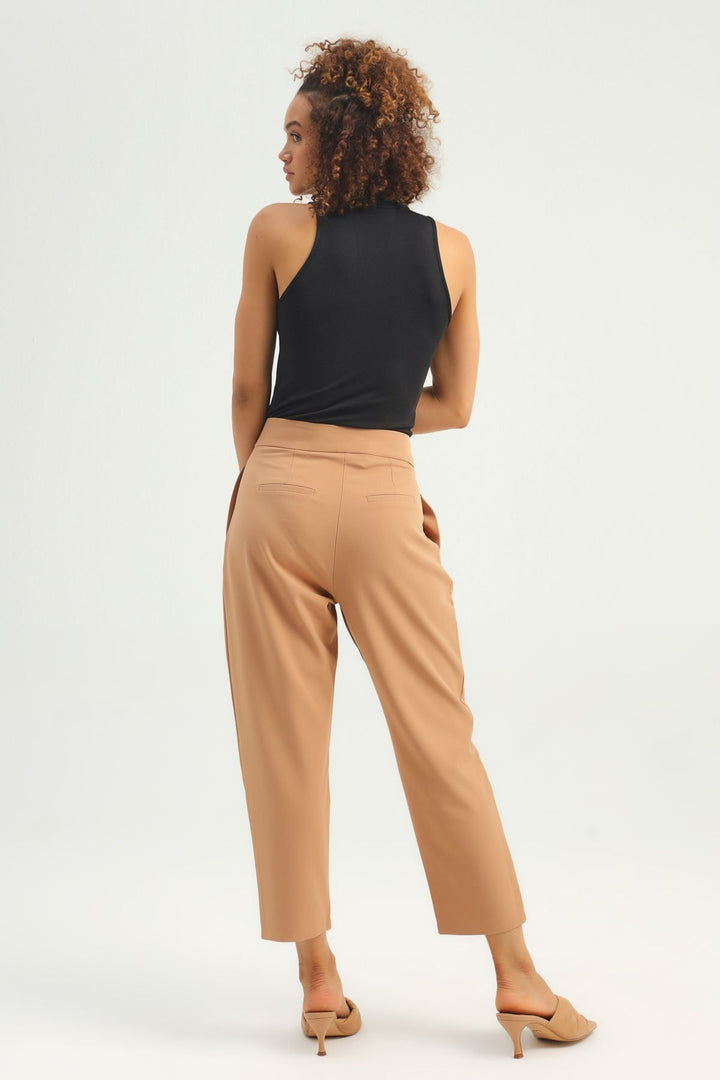 Pileli Yüksek Bel Pantolon Camel