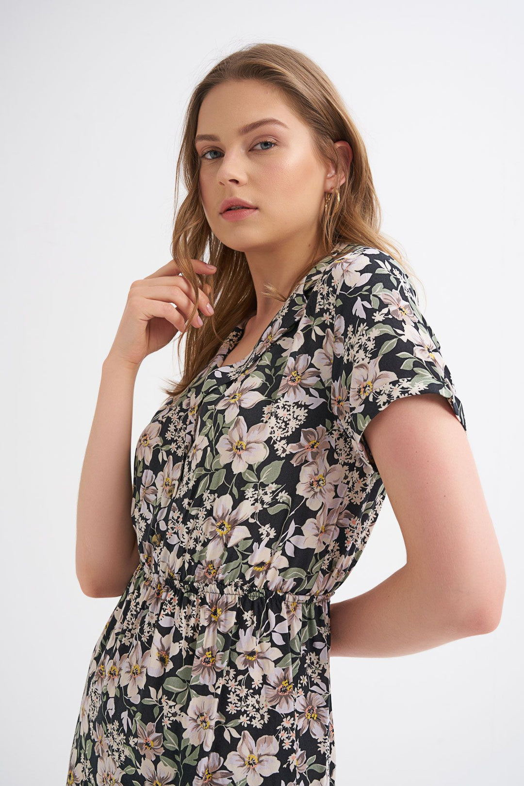 Patterned V-Neck Jumpsuit Black