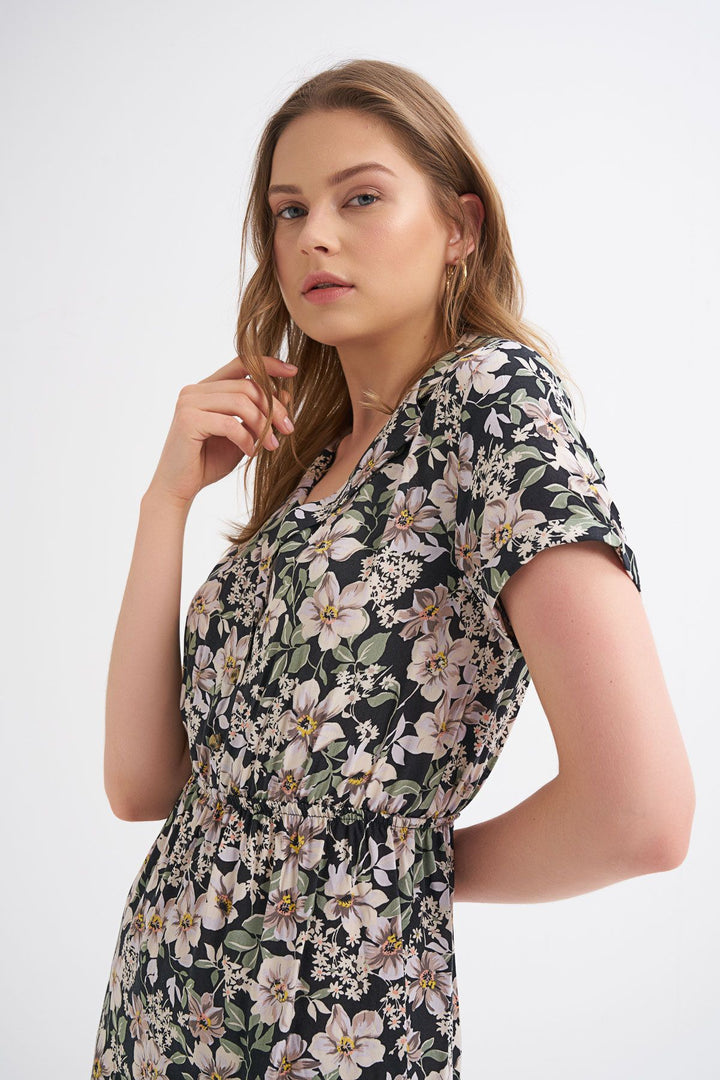 Patterned V-Neck Jumpsuit Black