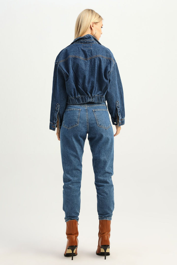 Beli Lastikli Crop Kot Ceket Mavi