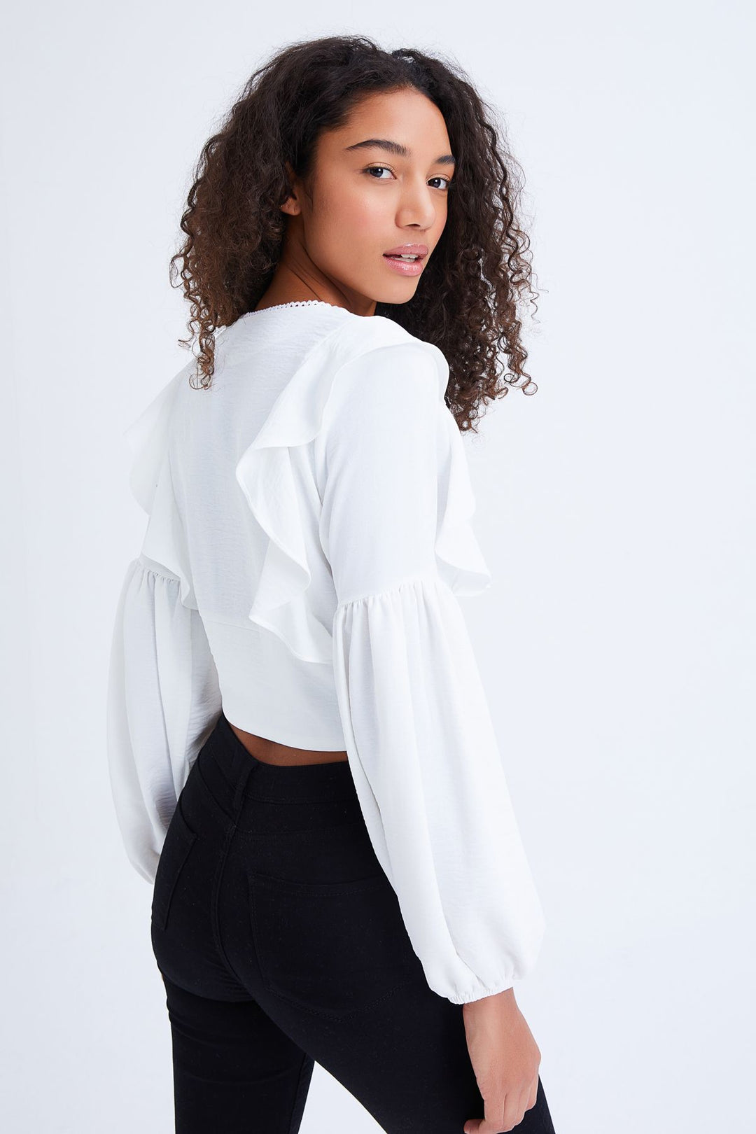 Button Front V-Neck Frilled Blouse Ecru