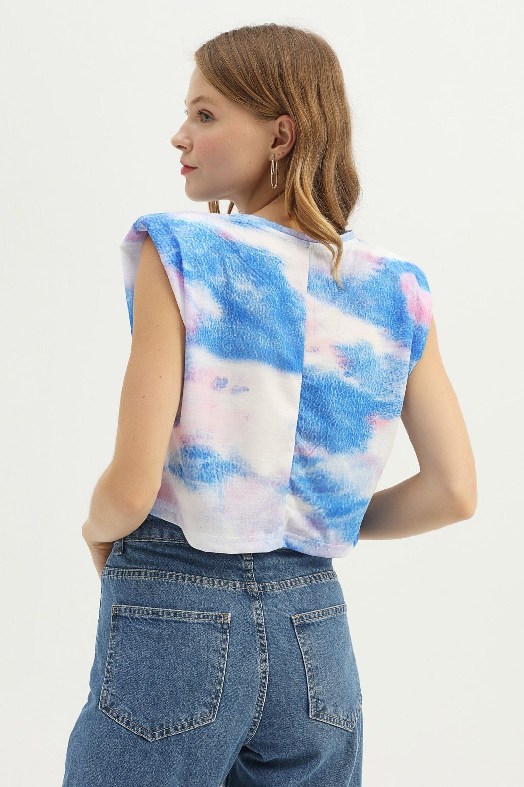 Desenli Vatkalı Crop Tişört Lila