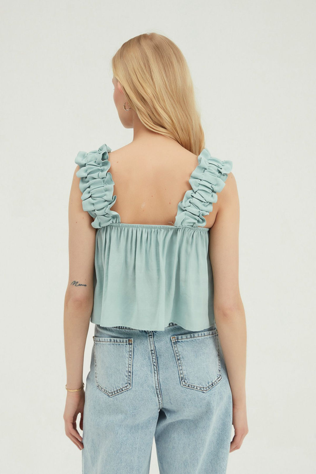 Fırfır Askılı Crop Bluz Açık Mint