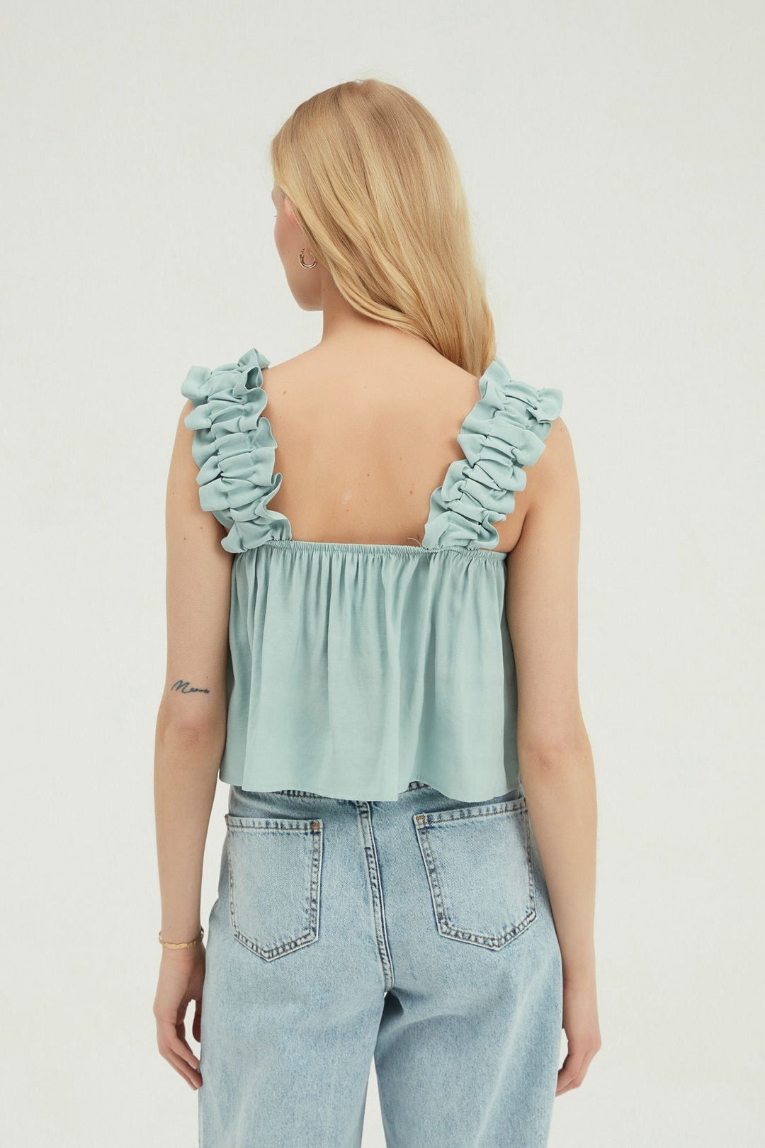 Fırfır Askılı Crop Bluz Açık Mint