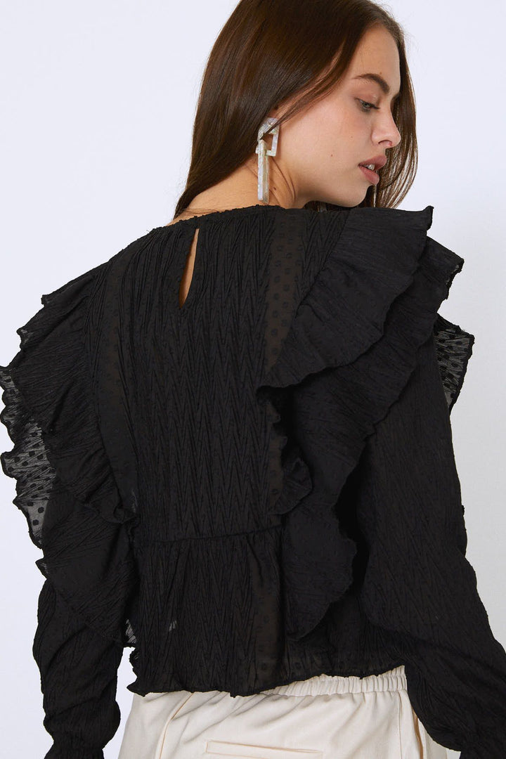 Ruffled Long Sleeve Blouse Black
