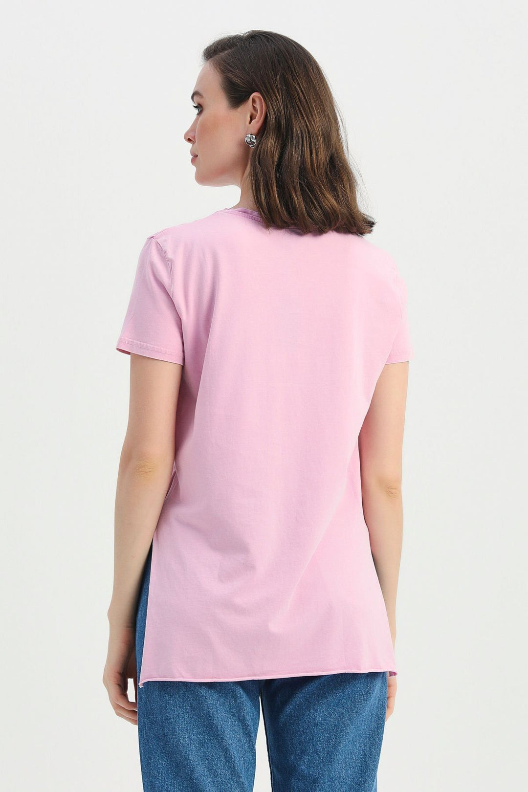 Yanı Yırtmaçlı Bisiklet Yaka Tişört Pembe