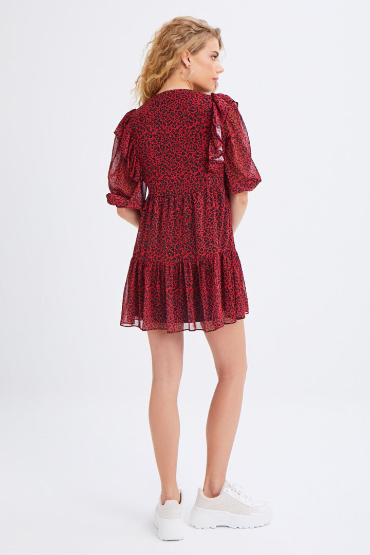 Patterned Ruffle V-Neck Dress Red