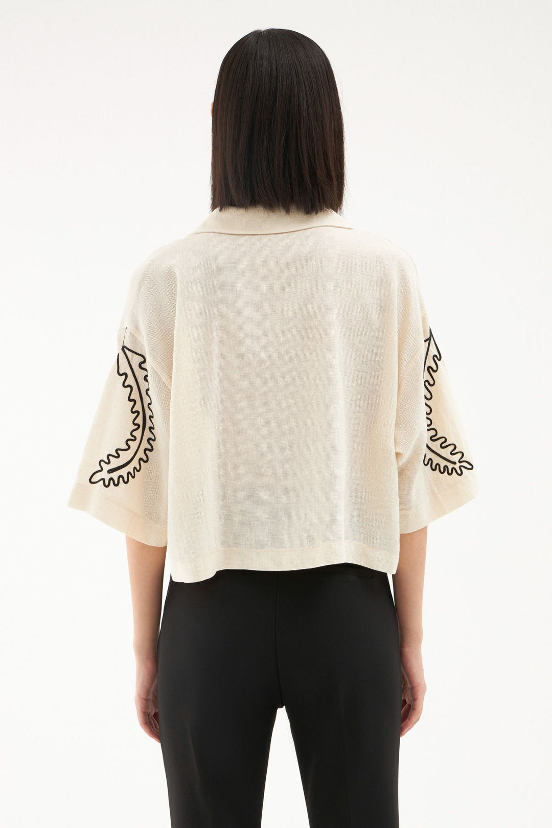 Embroidery Detailed Crop Linen Shirt Natural