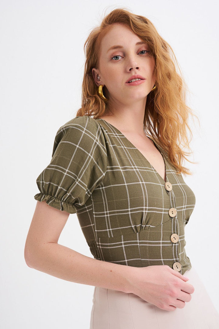 V Neck Plaid Linen Blouse Khaki