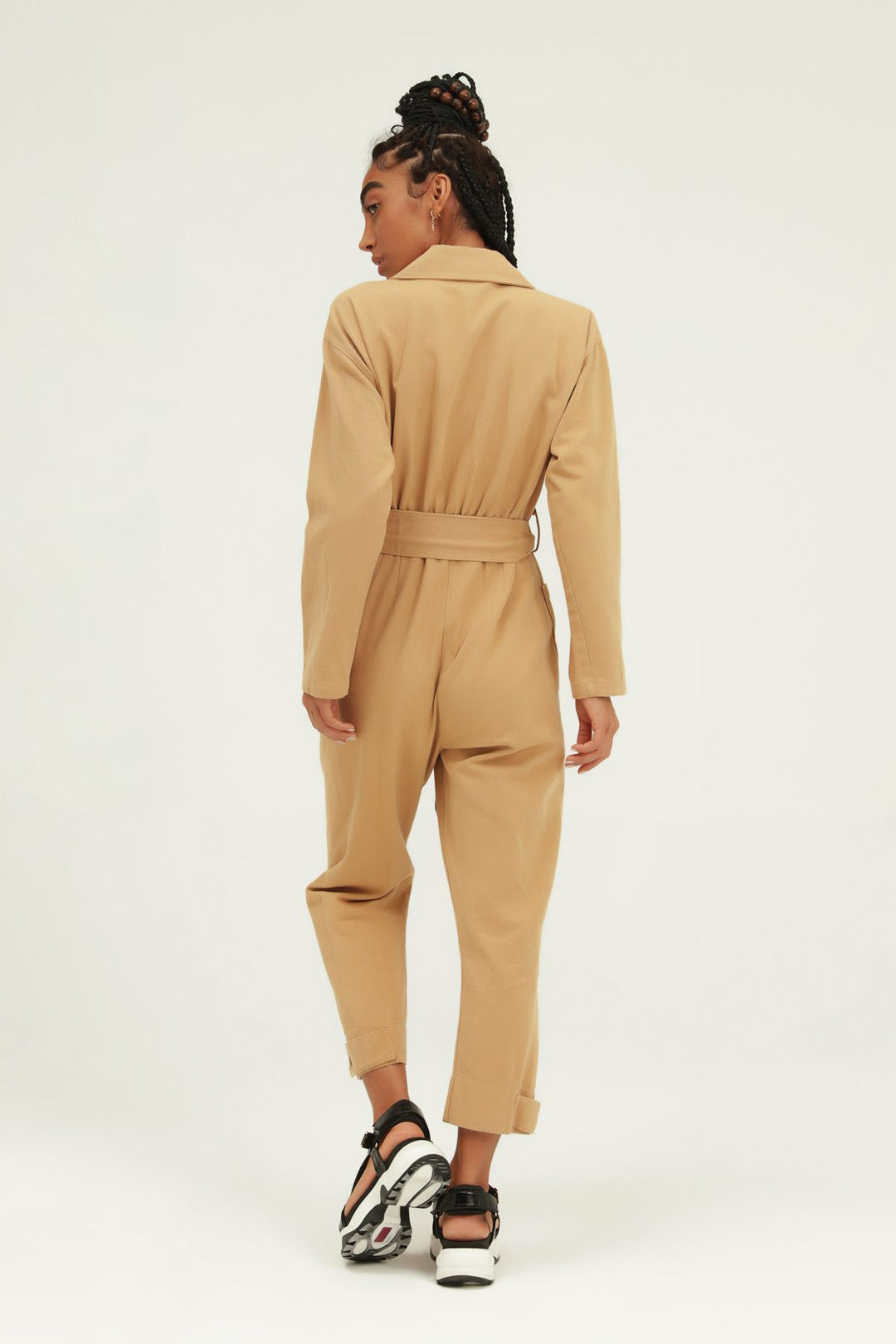 Kemerli Gömlek Yaka Tulum Camel