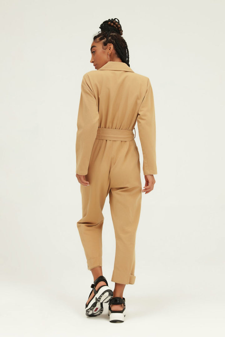 Kemerli Gömlek Yaka Tulum Camel