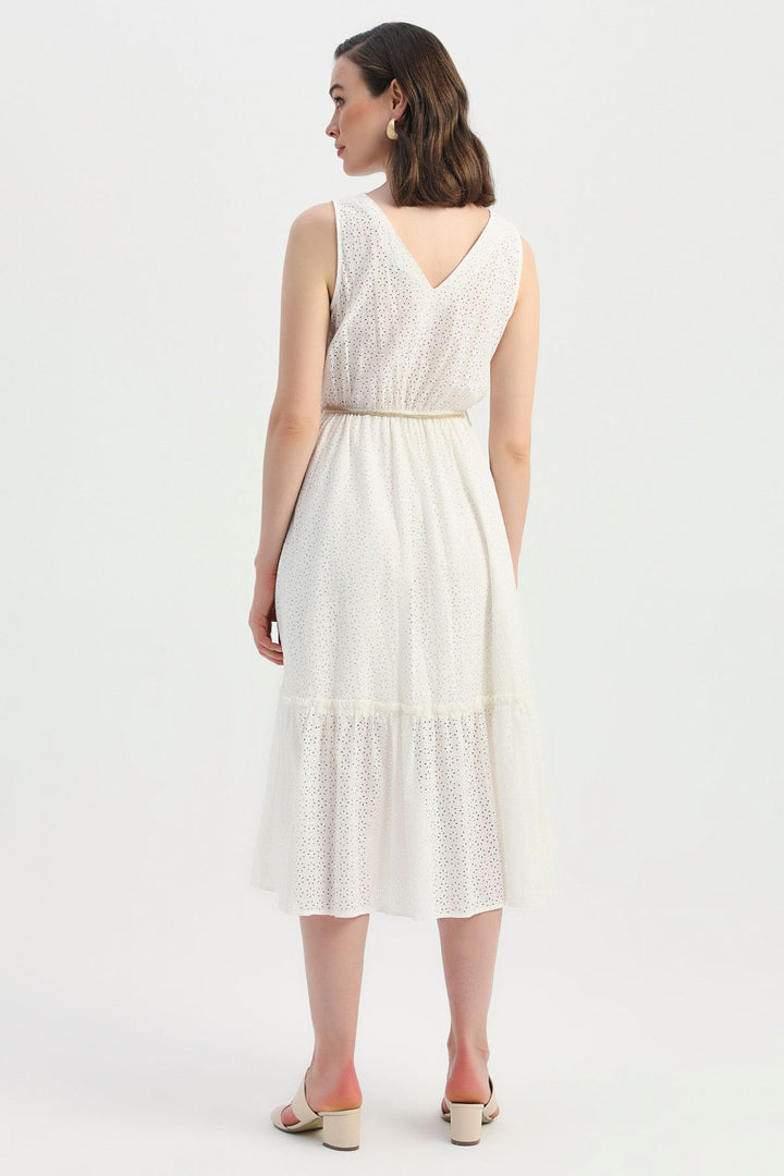 Straw Rope Belt Guipure Double Breasted Dress Ecru