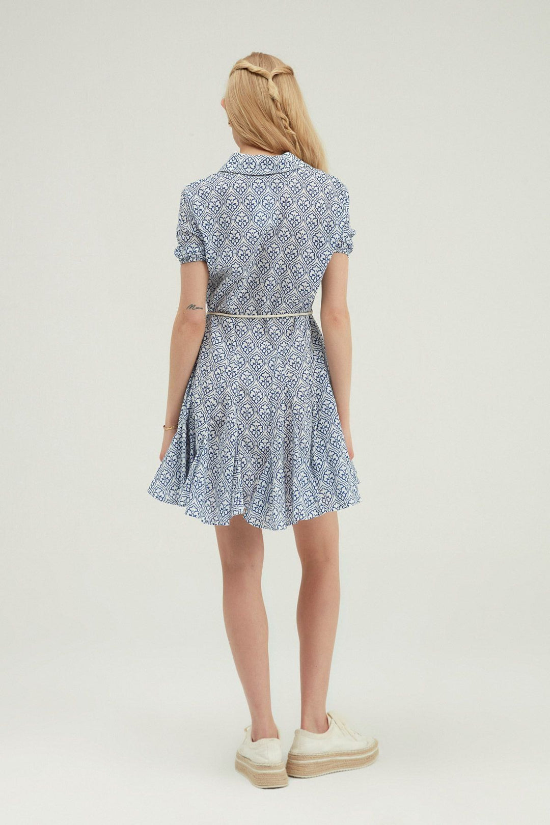 Gömlek Yaka Volanlı Mini Elbise Mavi