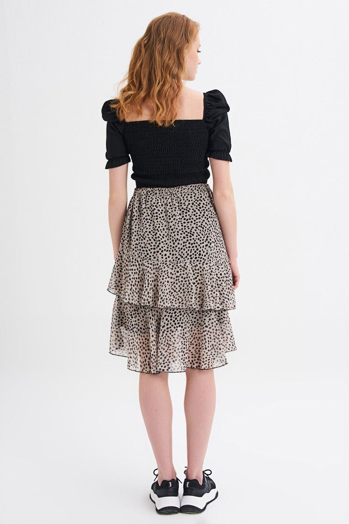 Polka Dot Tiered Midi Skirt Beige