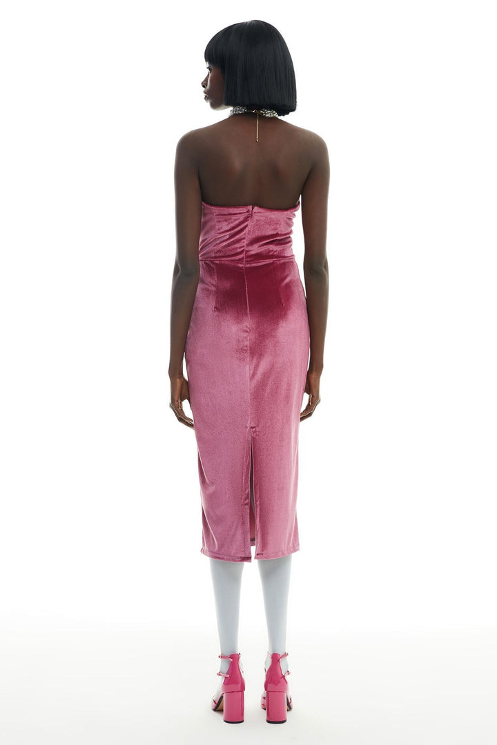 Strapless Velvet Midi Dress Fuchsia