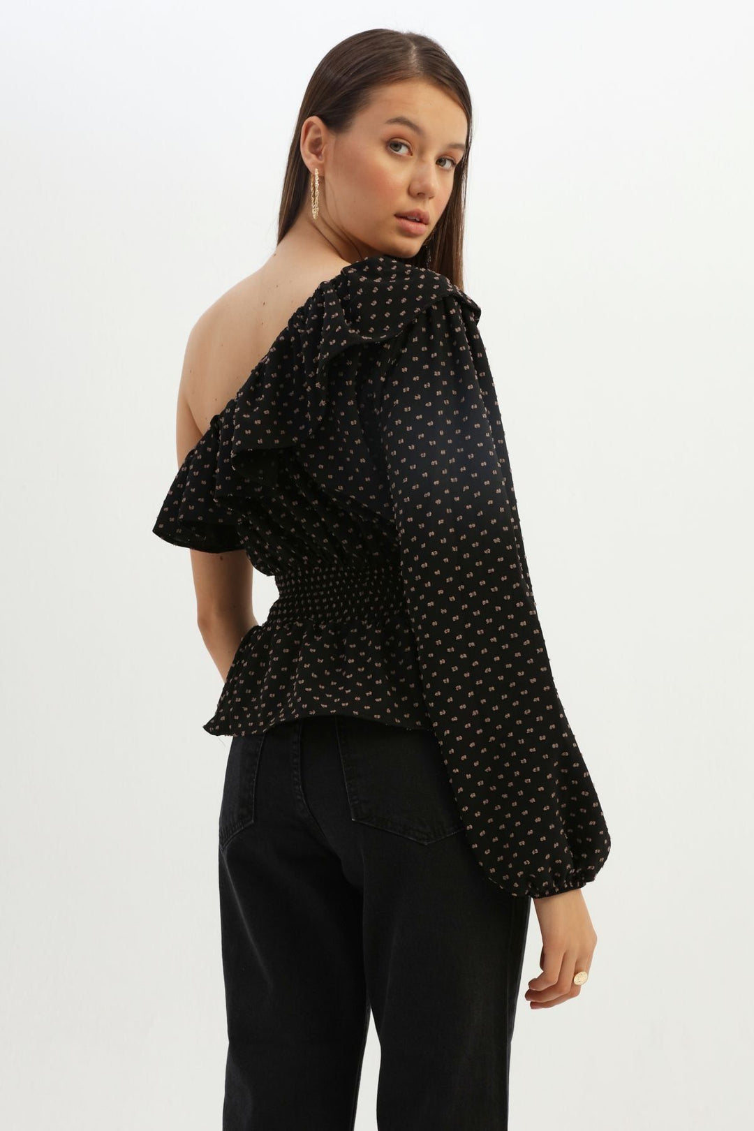 Volanlı Gipeli Tek Omuz Bluz Siyah
