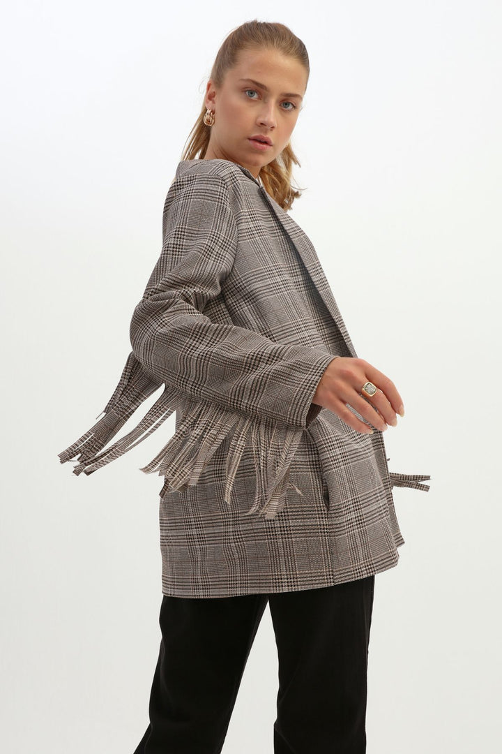 Back Tasseled Striped Blazer Jacket Gray