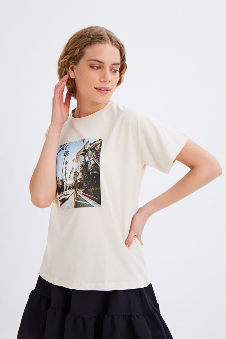 Baskılı Tişört Açık Bej