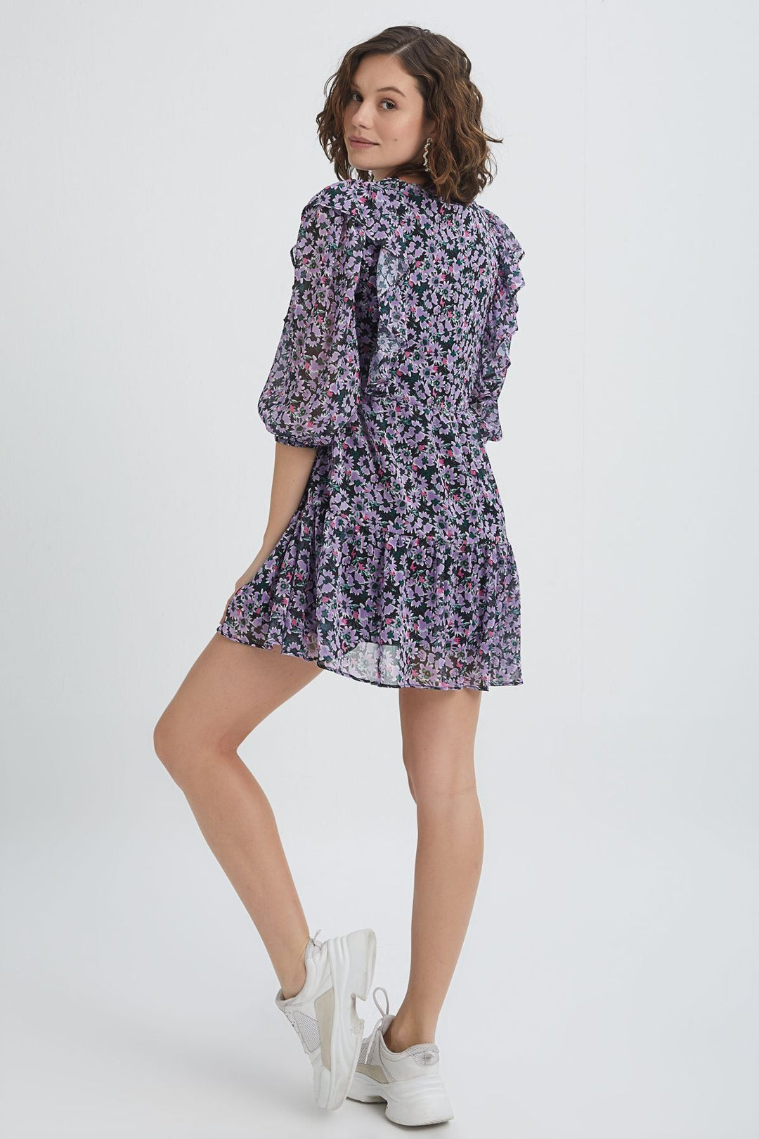 Floral Patterned V-Neck Dress Lilac