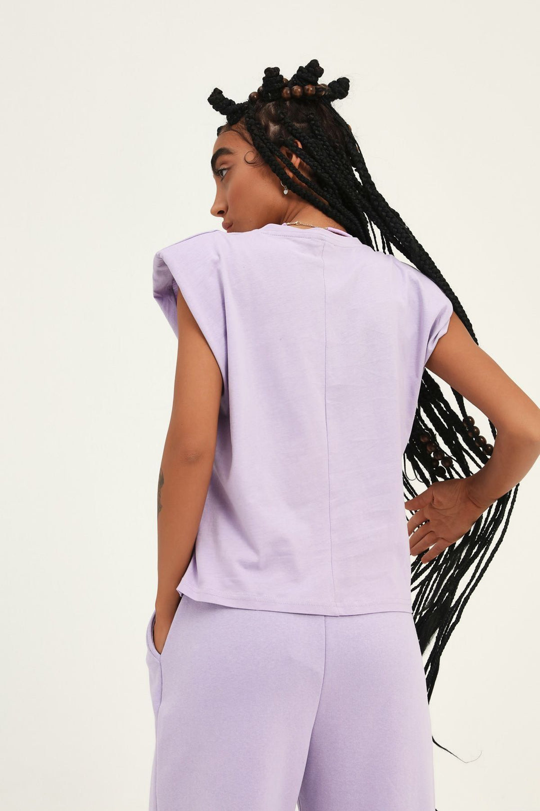 Vatkalı Kolsuz Basic Tişört Lila