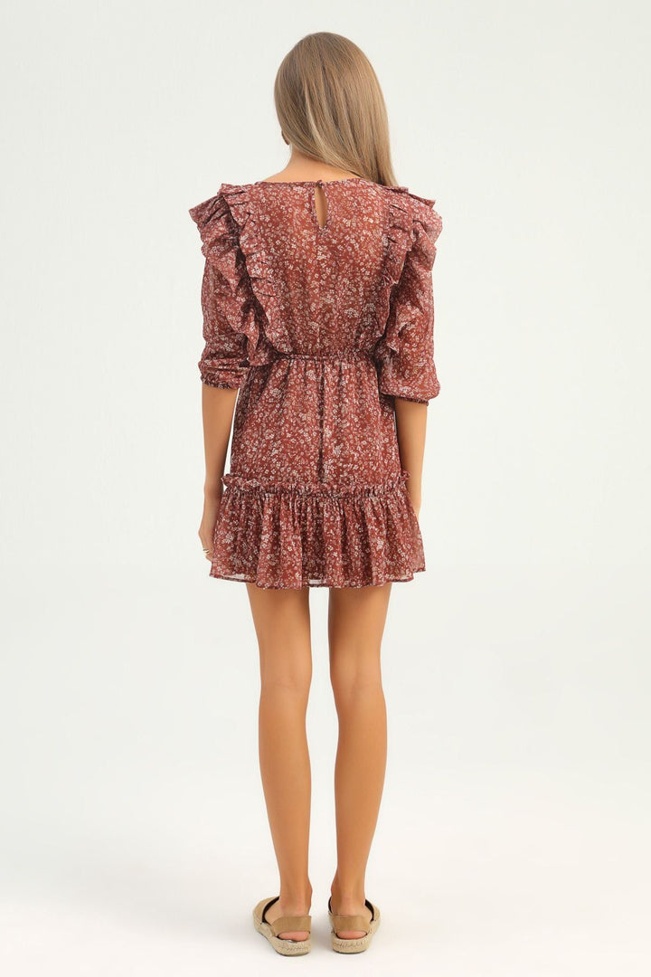 Patterned Ruffle Midi Dress Brown