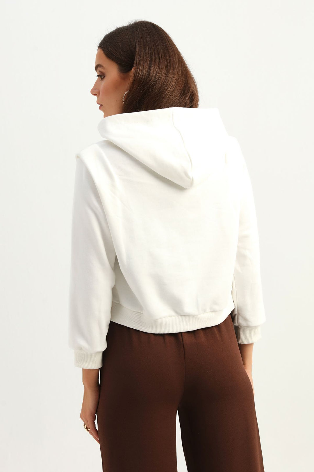 Kapüşonlu Kanguru Cepli Sweatshirt Ekru