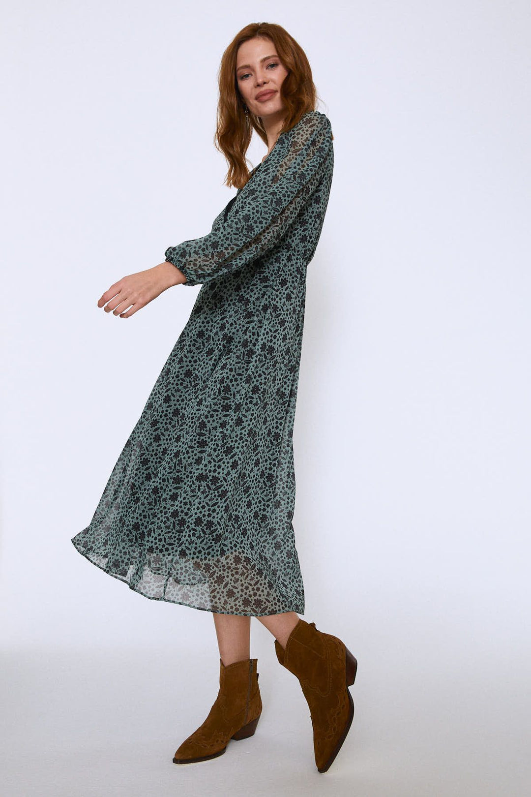 Floral Pattern V Neck Midi Dress Mint