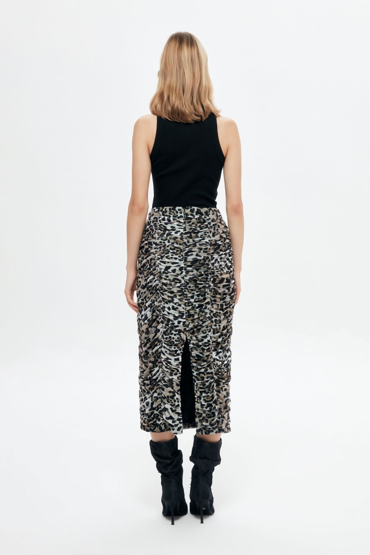 Leopard Patterned Draped Midi Skirt Black