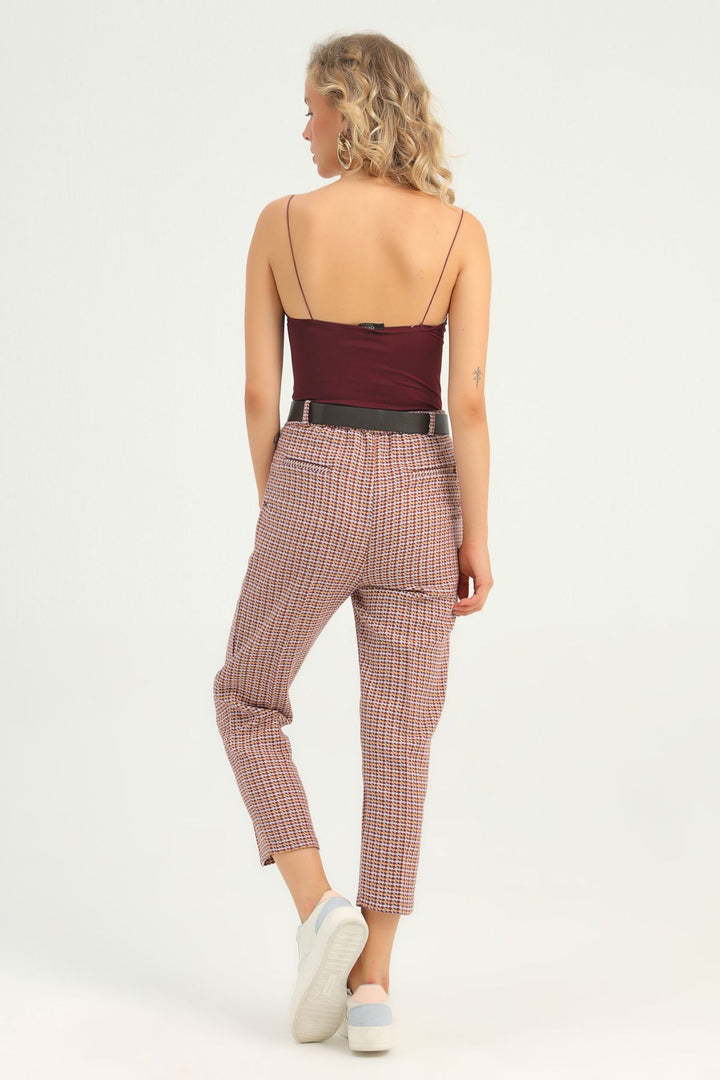 Çizgili Kemerli Pantolon Lila