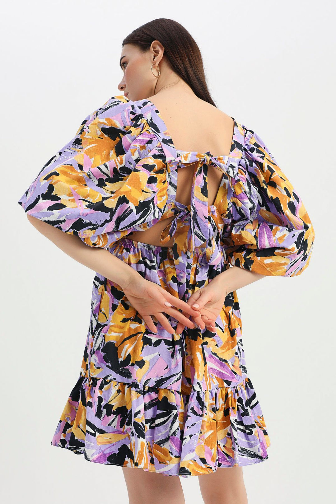 Patterned Backless Balloon Sleeve Dress Purple