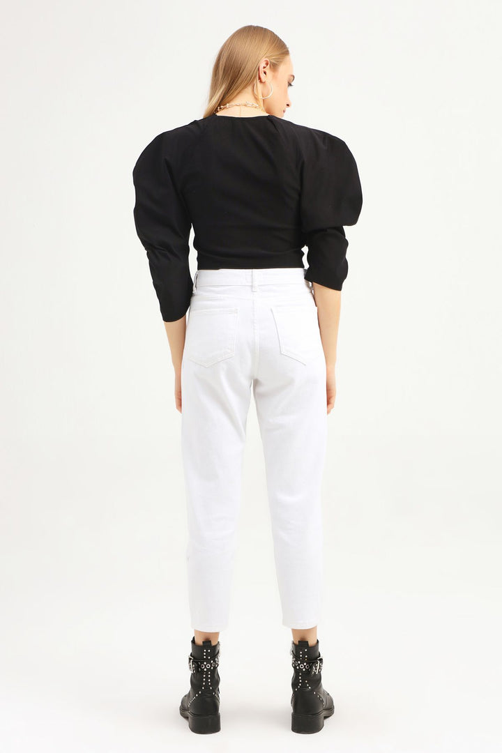 Balloon Sleeve Square Collar Crop Blouse Black