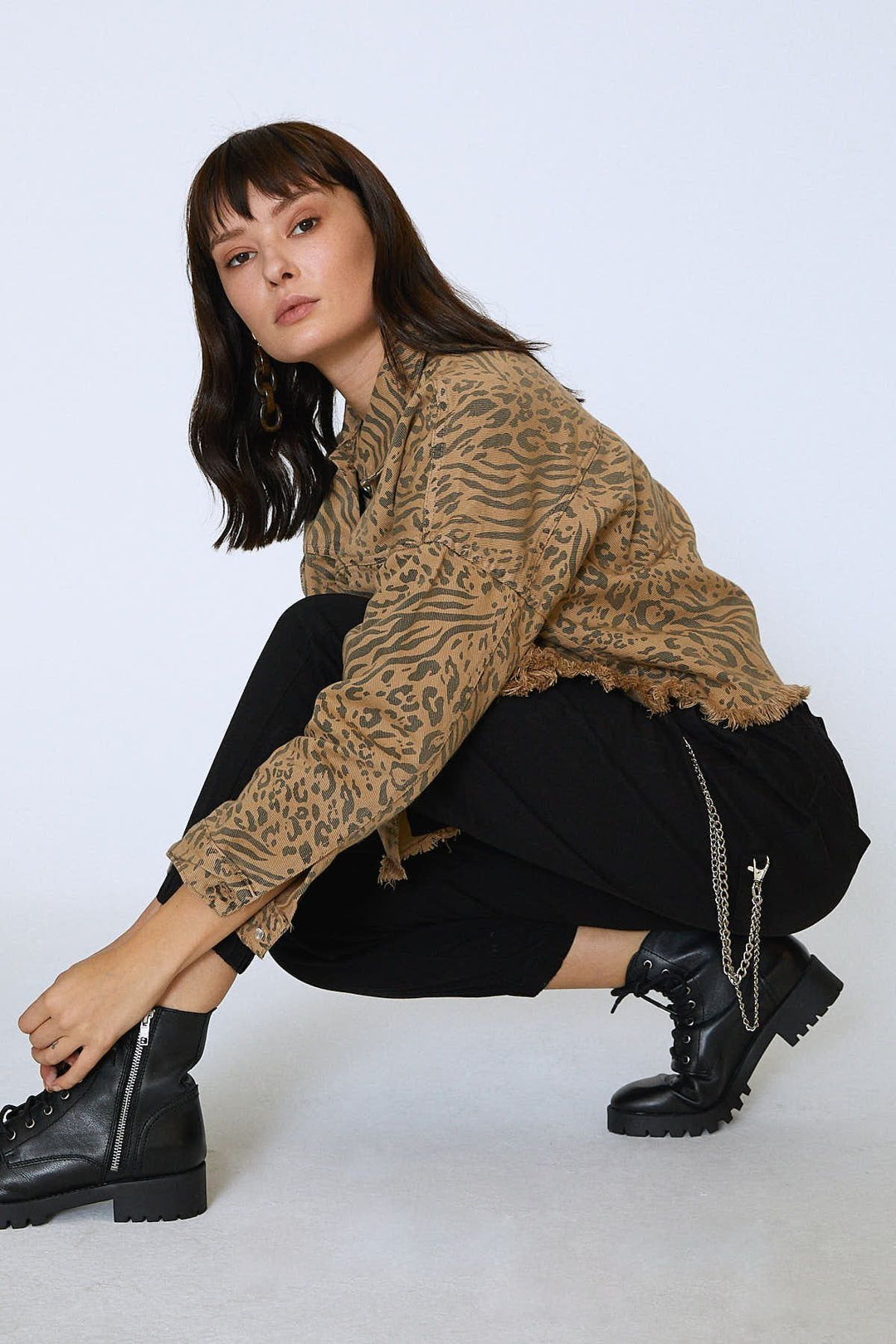 Leopard Patterned Tasseled Gabardine Denim Jacket Camel