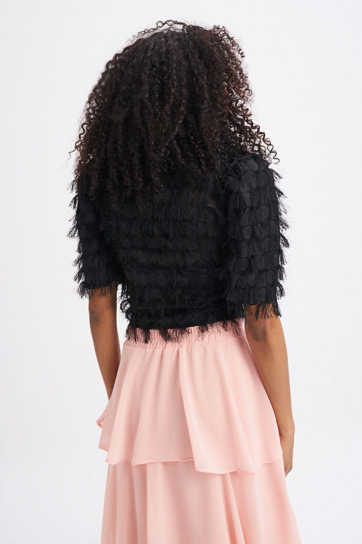 Püsküllü Balon Kol Bluz Siyah