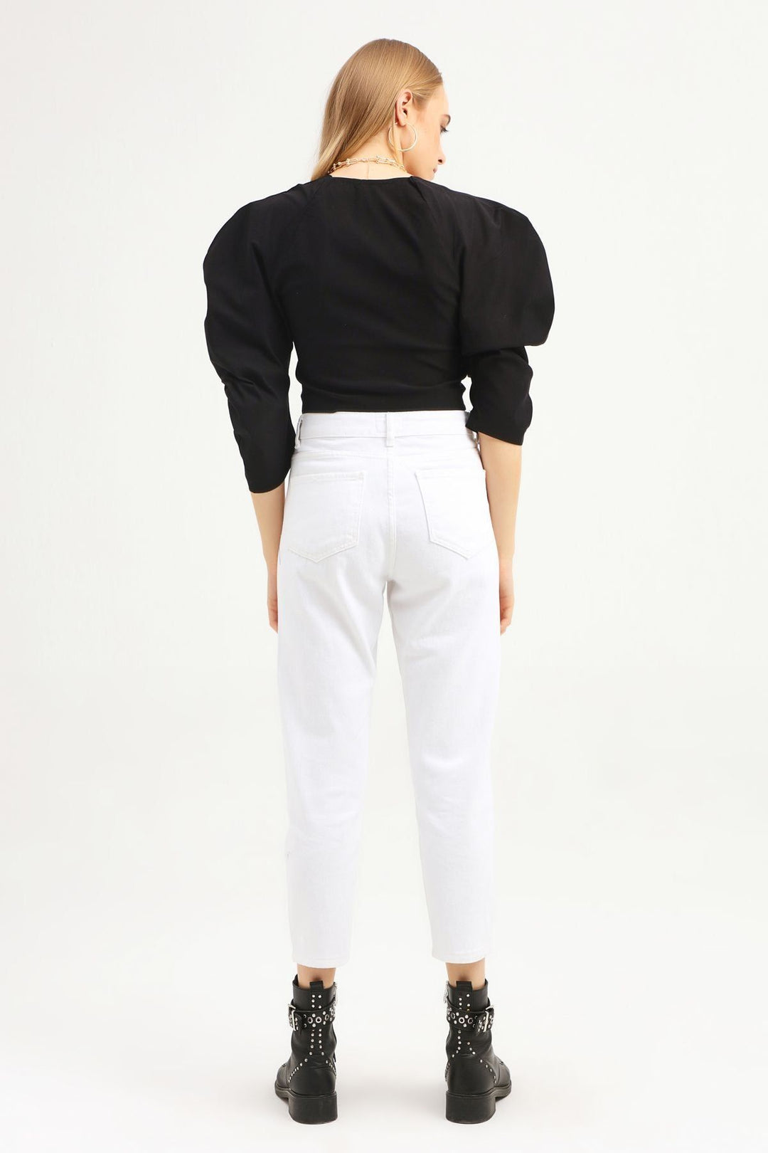 Balloon Sleeve Square Collar Crop Blouse Black