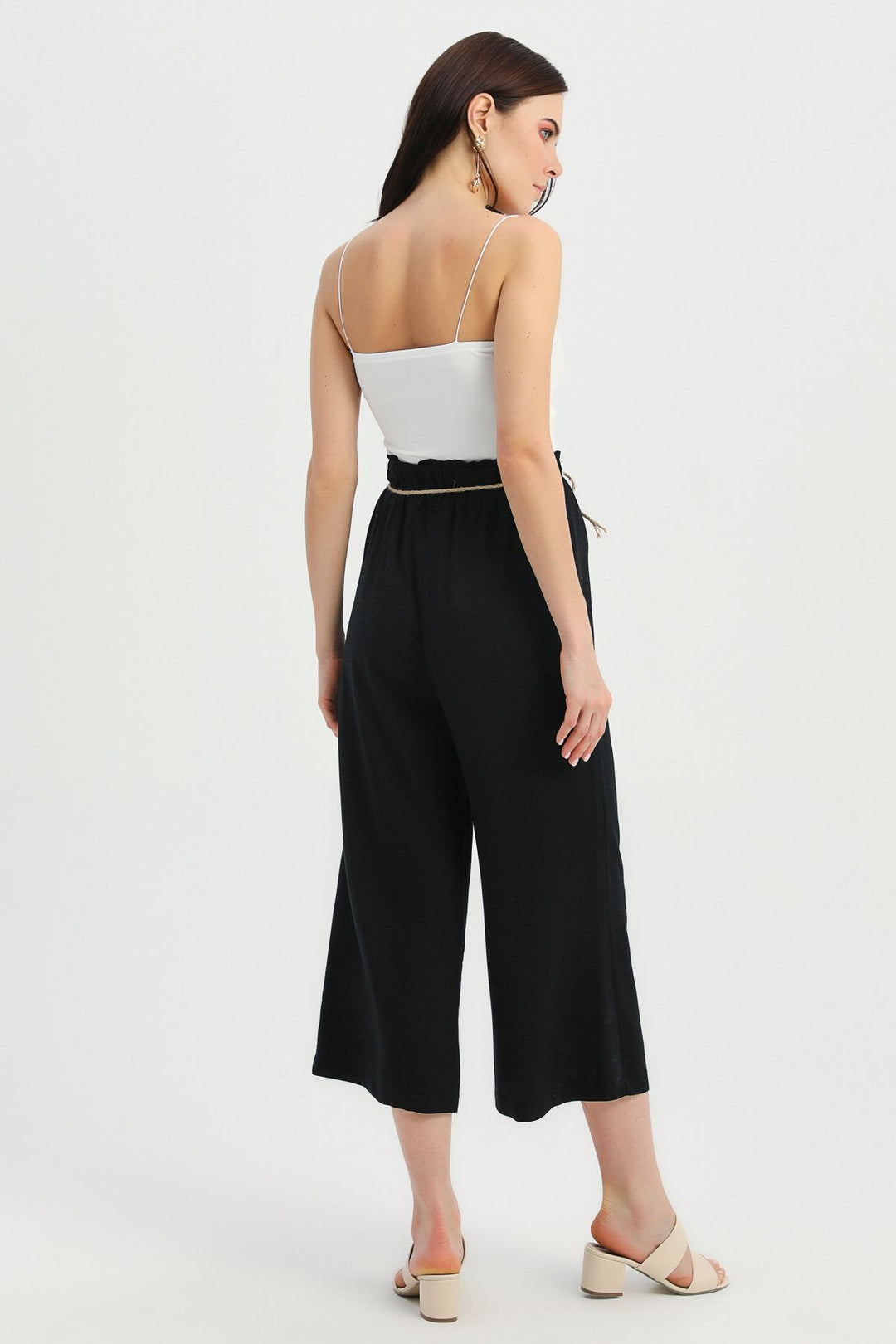 Hasır İp Kemerli Keten Pantolon Siyah