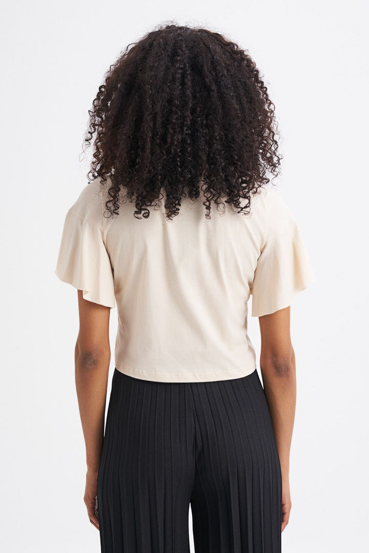 Fırfırlı Crop Tişört Açık Bej