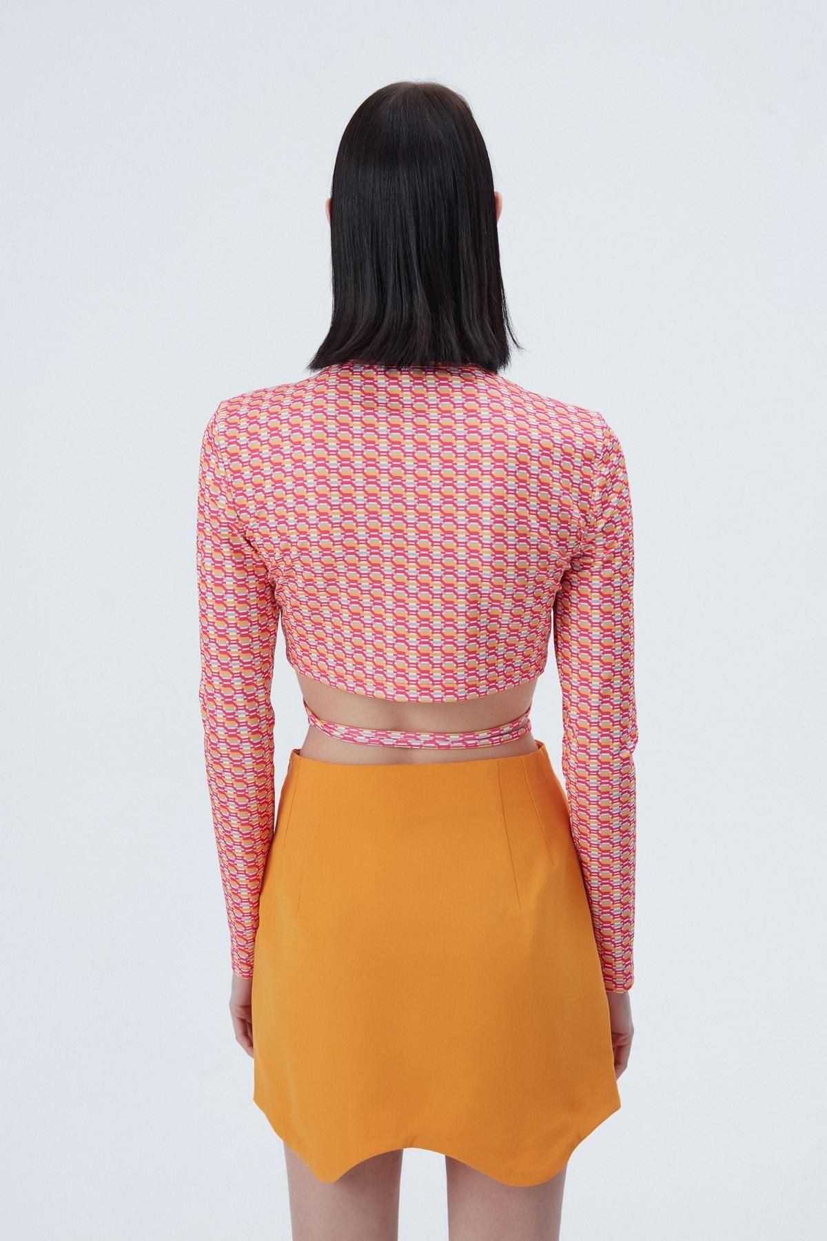 Patterned Cut Out Crop Blouse Pink