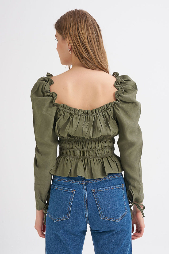 Watermelon Sleeve Square Collar Gipe Blouse Dark Khaki