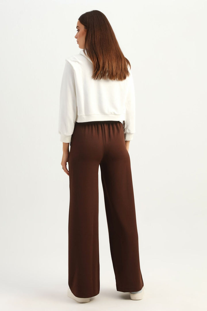 Geniş Paça Cepli Örme Pantolon Kahverengi