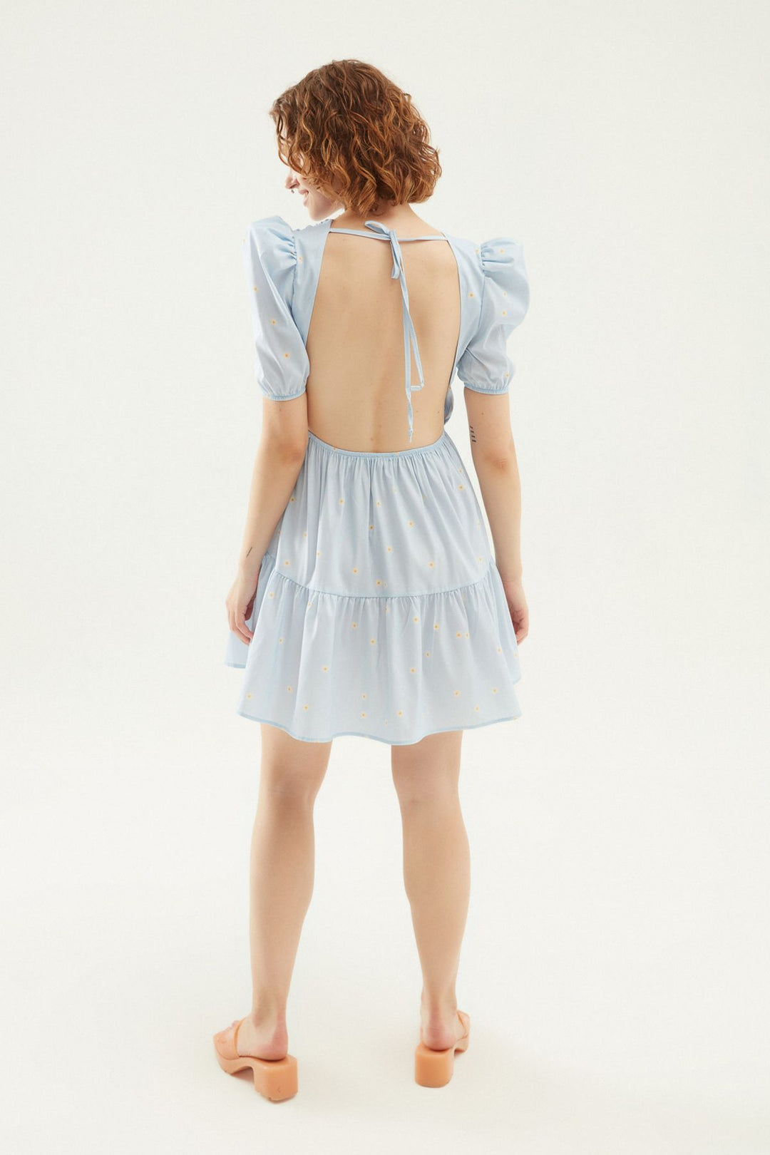 Çiçekli Sırt Dekolteli Kruvaze Elbise Bebe Mavi