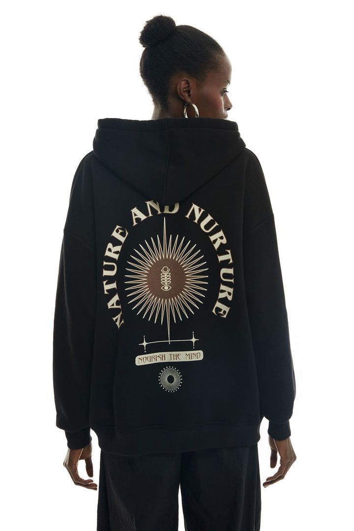 Back Print Detailed Hoodie Sweatshirt Black